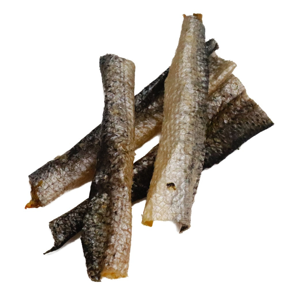 Premium salmon skins dog treats high in omega oils.