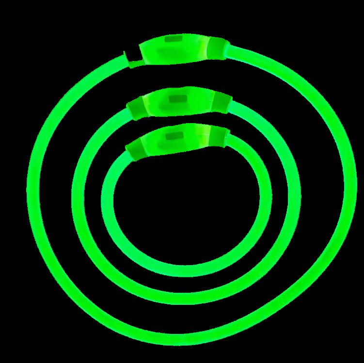 Set of three green illuminated light up dog collars in small, medium, and large sizes nested together high visibility safety collars for walking in low light.