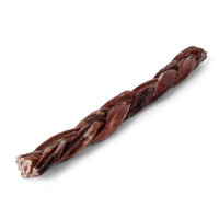 Single natural beef gullet braid dog chew high protein low fat air dried treat for dental health and long lasting chewing.