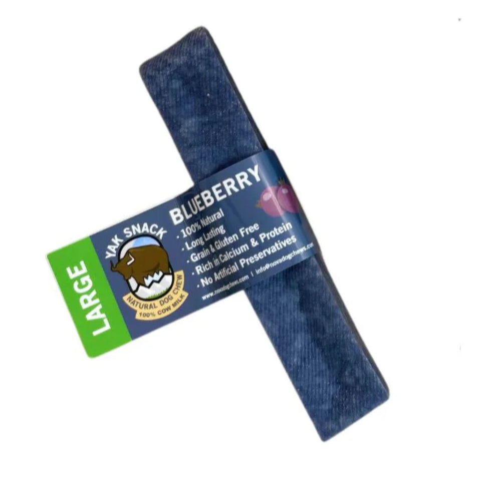 Large long-lasting natural-yak-chew dog treat with blueberry flavour.