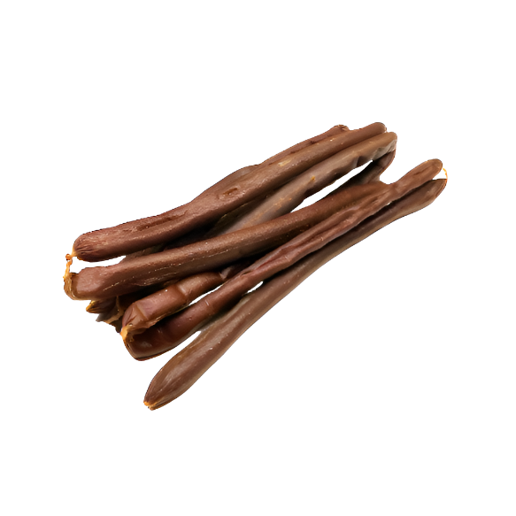 pile of natural long beef sausage dog chews high protein low fat air dried treats for dental health and chewing enrichment.