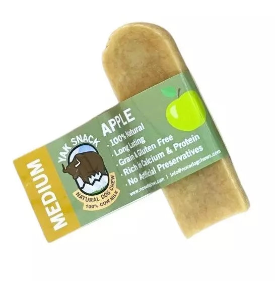 Medium natural-yak-chew dog treat with apple for teeth and chewing.