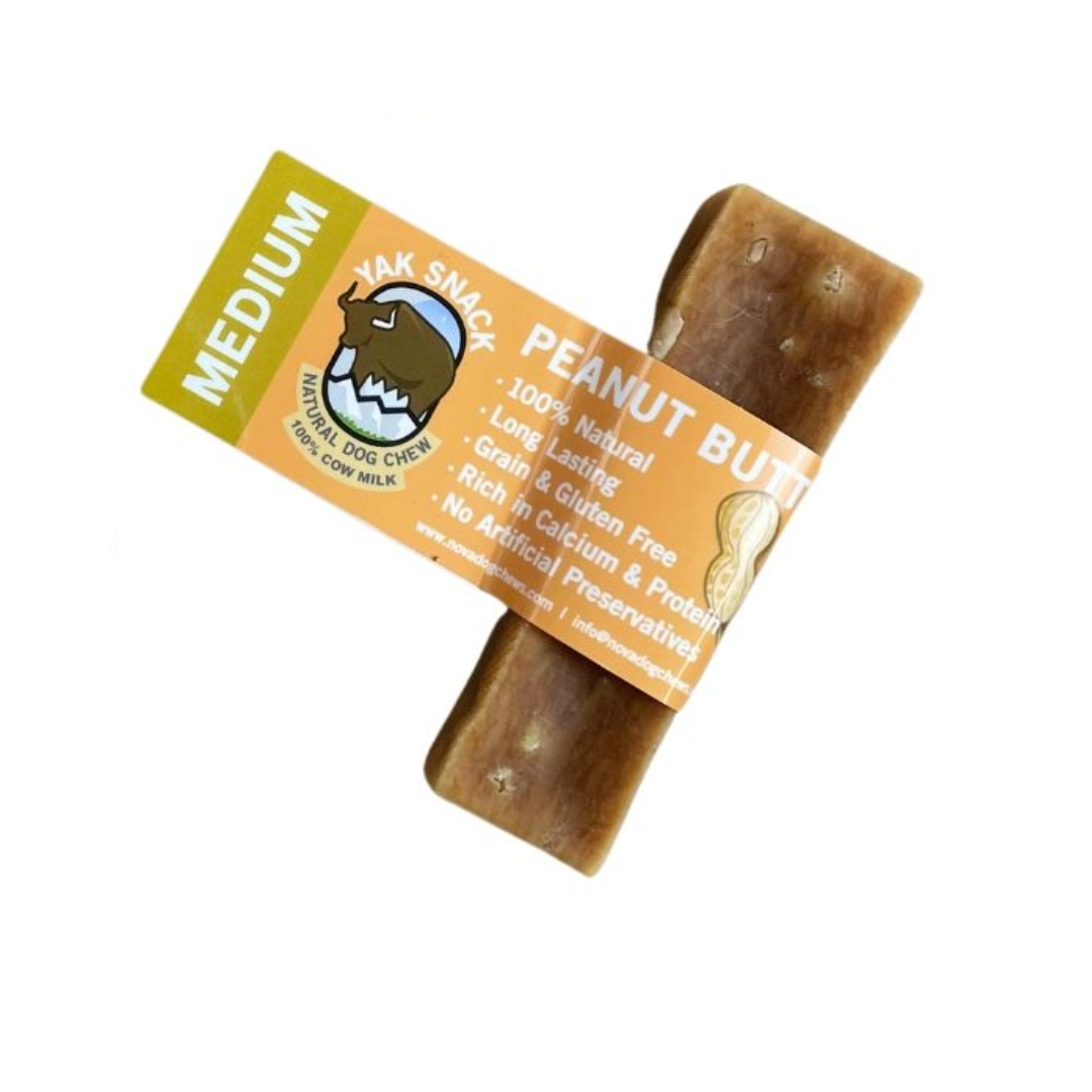 Medium long-lasting natural-yak-chew dog treat with peanut-butter flavour.