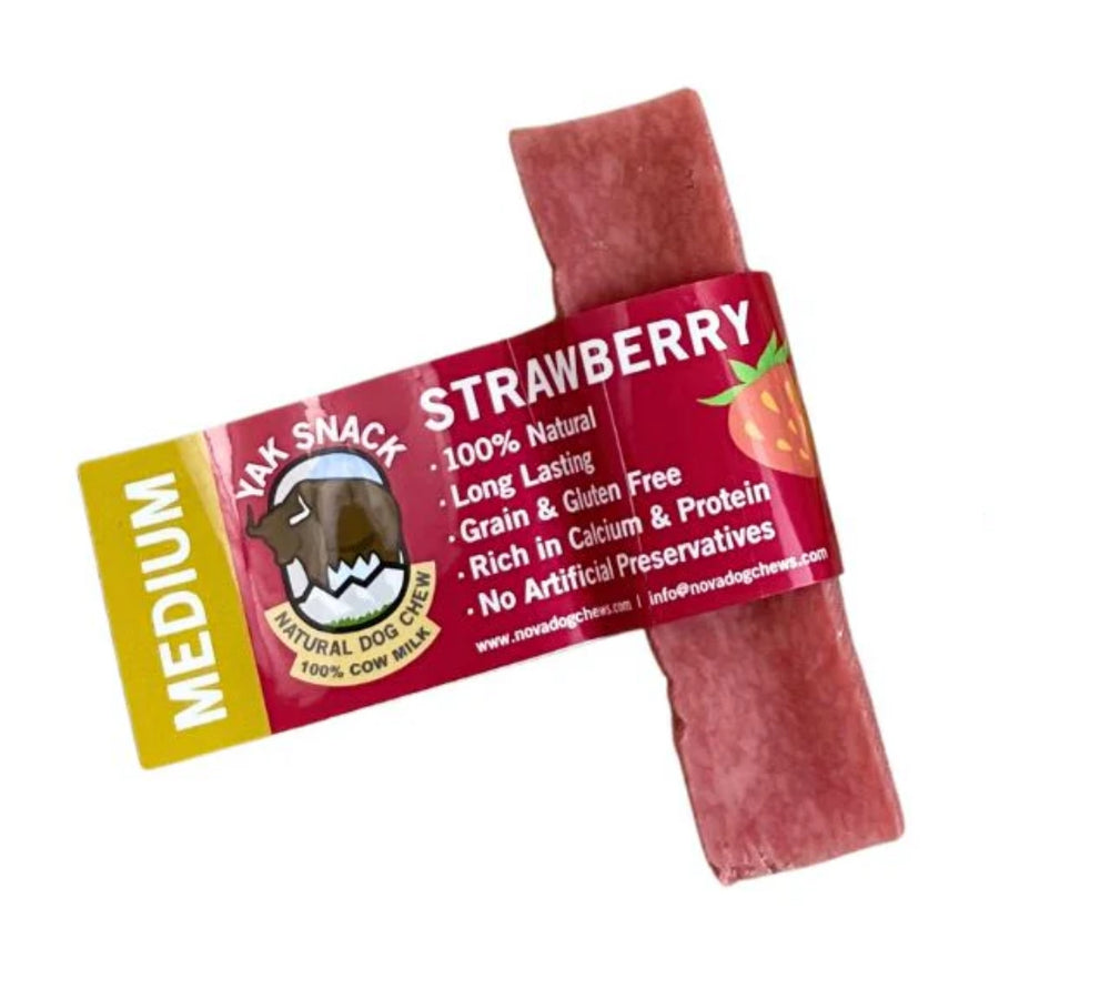Medium long-lasting natural-yak-chew dog treat with strawberry flavour.
