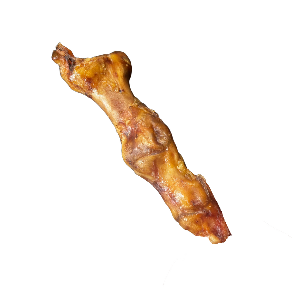Single natural ostrich foot dog chew high protein low fat air dried treat for dental health and long lasting chewing.