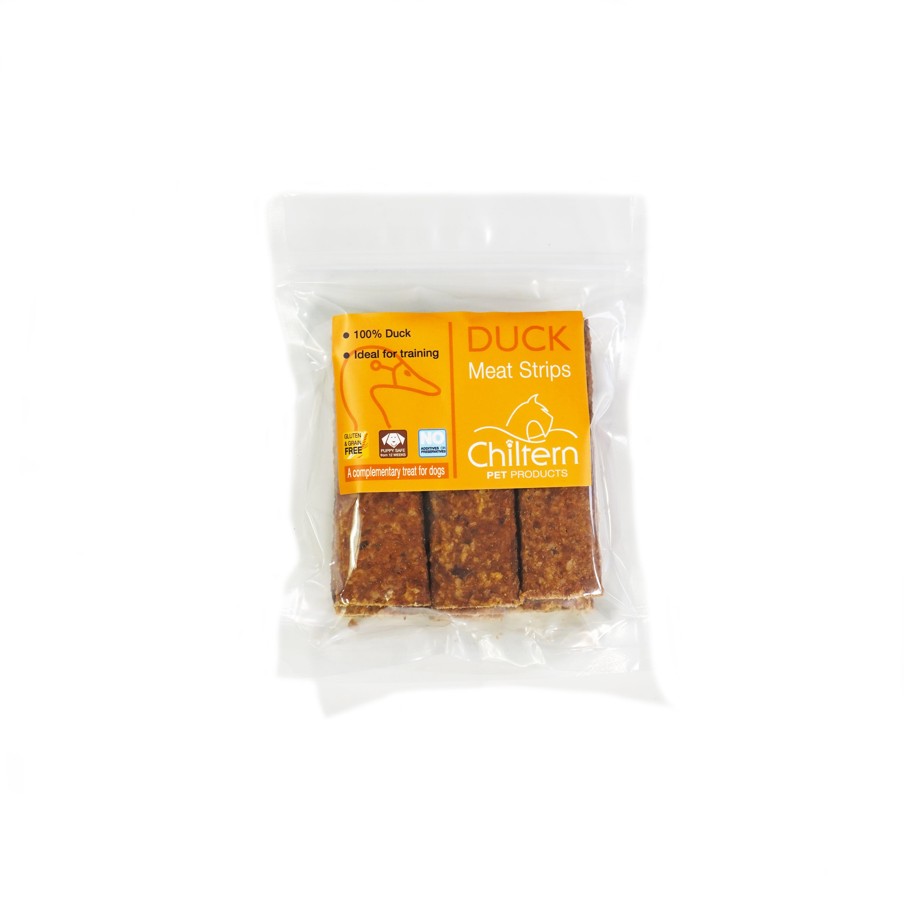 Pack of premium natural duck meat strips dog treats.