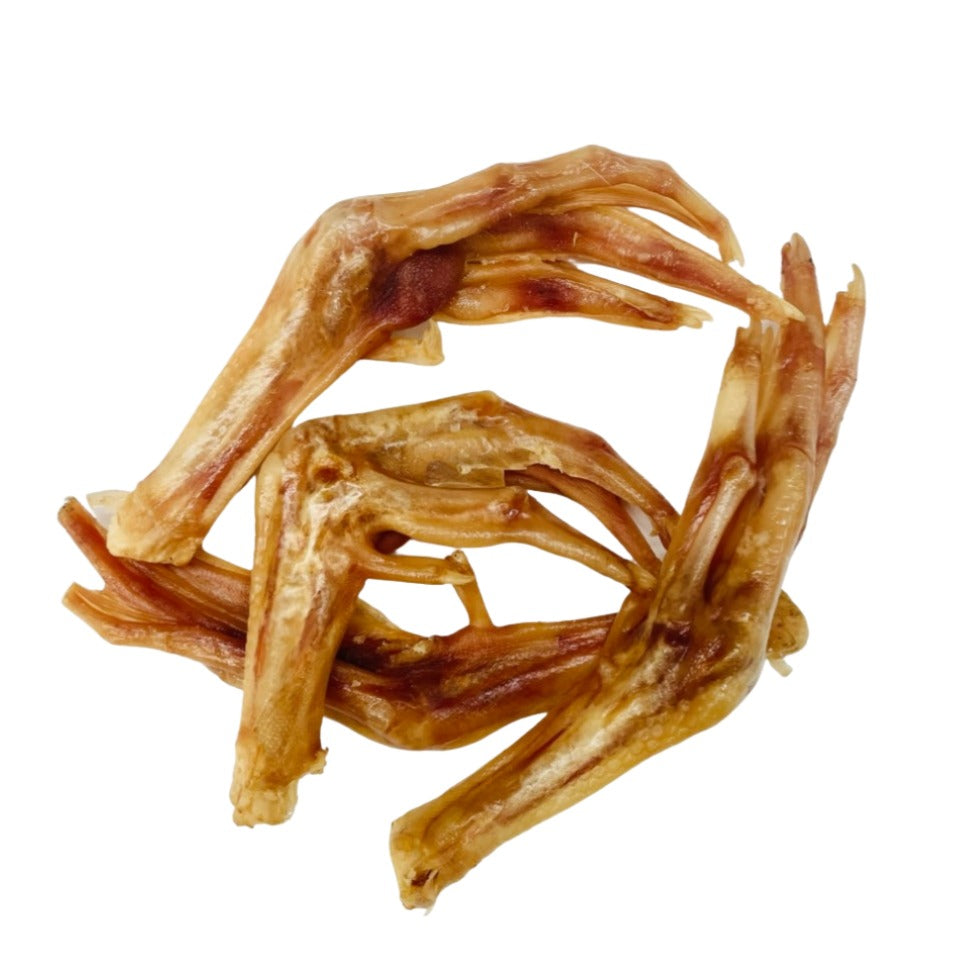 Four natural goose feet dog chews high protein air dried treats for teeth and gums and satisfying long lasting chewing.