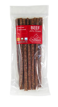 Premium beef jerky straws packaged dog chew.