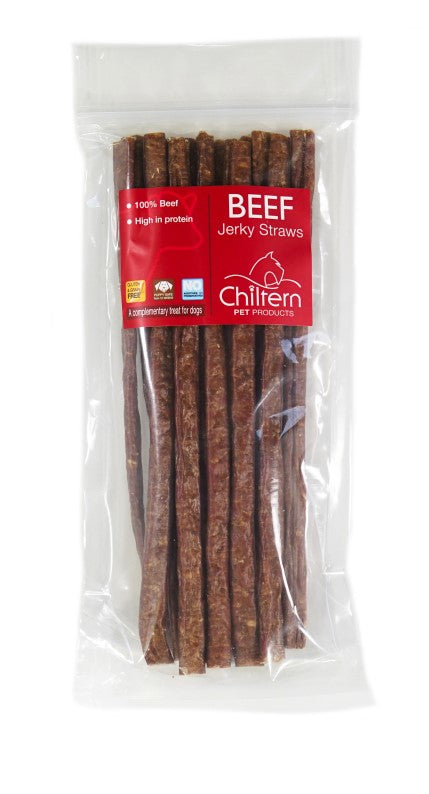 Premium beef jerky straws packaged dog chew.
