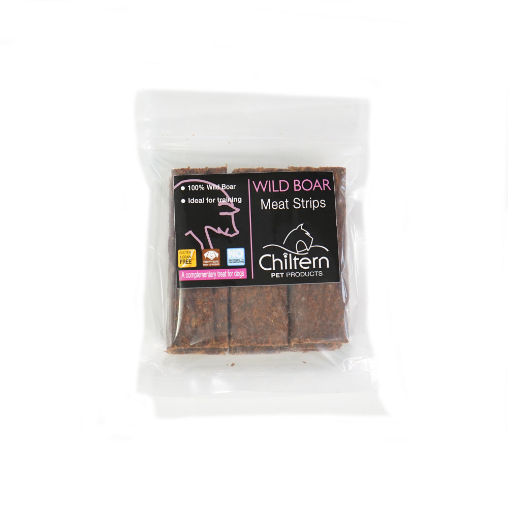 High-quality wild boar meat strips packaged dog treats.