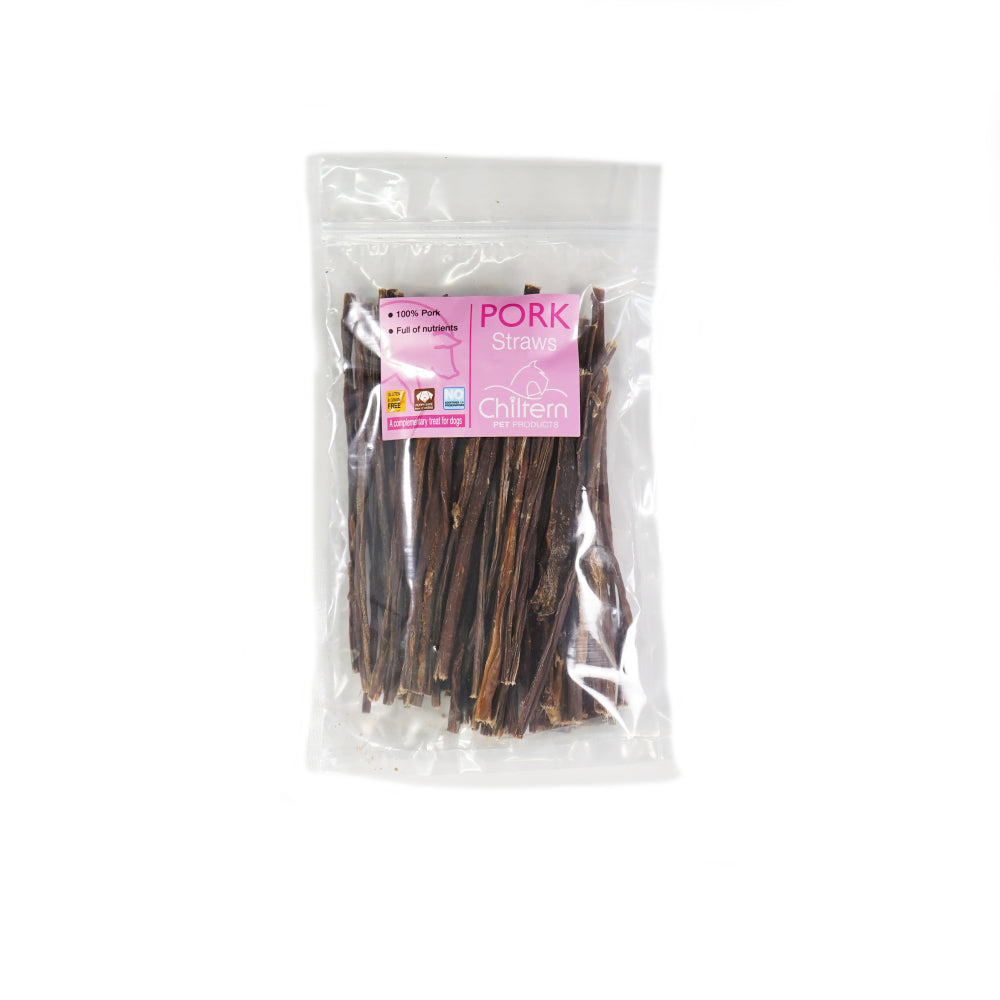 Pack of natural pork straws dog chews high protein low fat air dried treats for dental health and satisfying crunchy chewing.