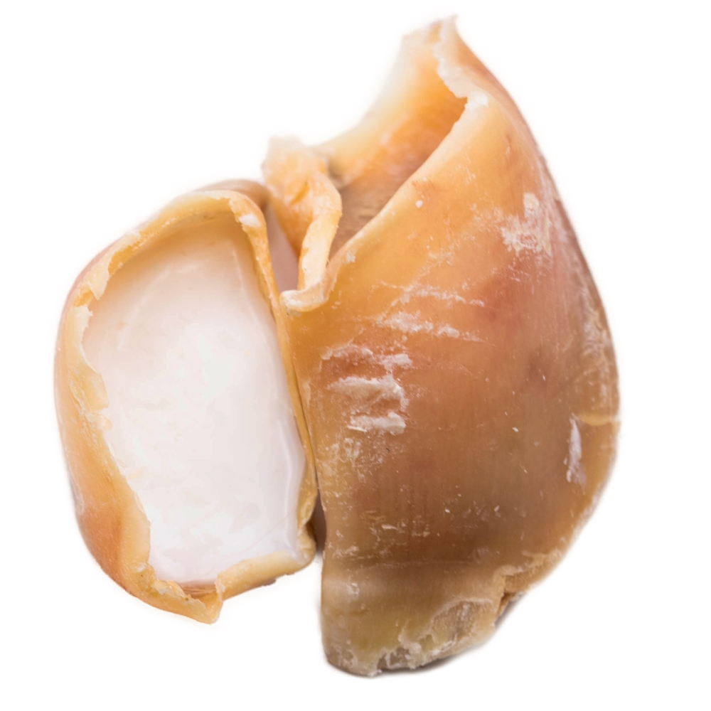 Two natural beef cow hooves dog chews side by side, one showing front and the other filled with sheep fat high protein long lasting treat for teeth and gums.