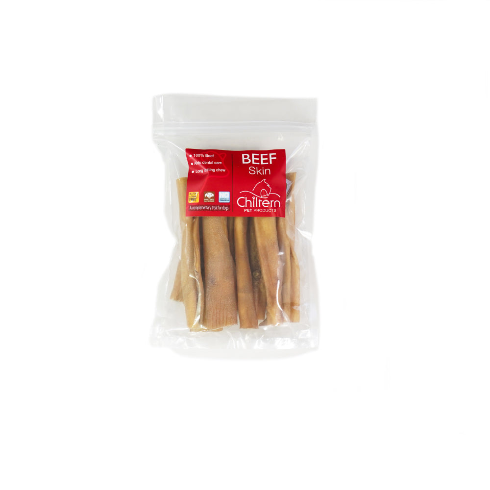 Pack of natural beef skin dog chews high protein low fat air dried treat for dental health and long lasting chewing.
