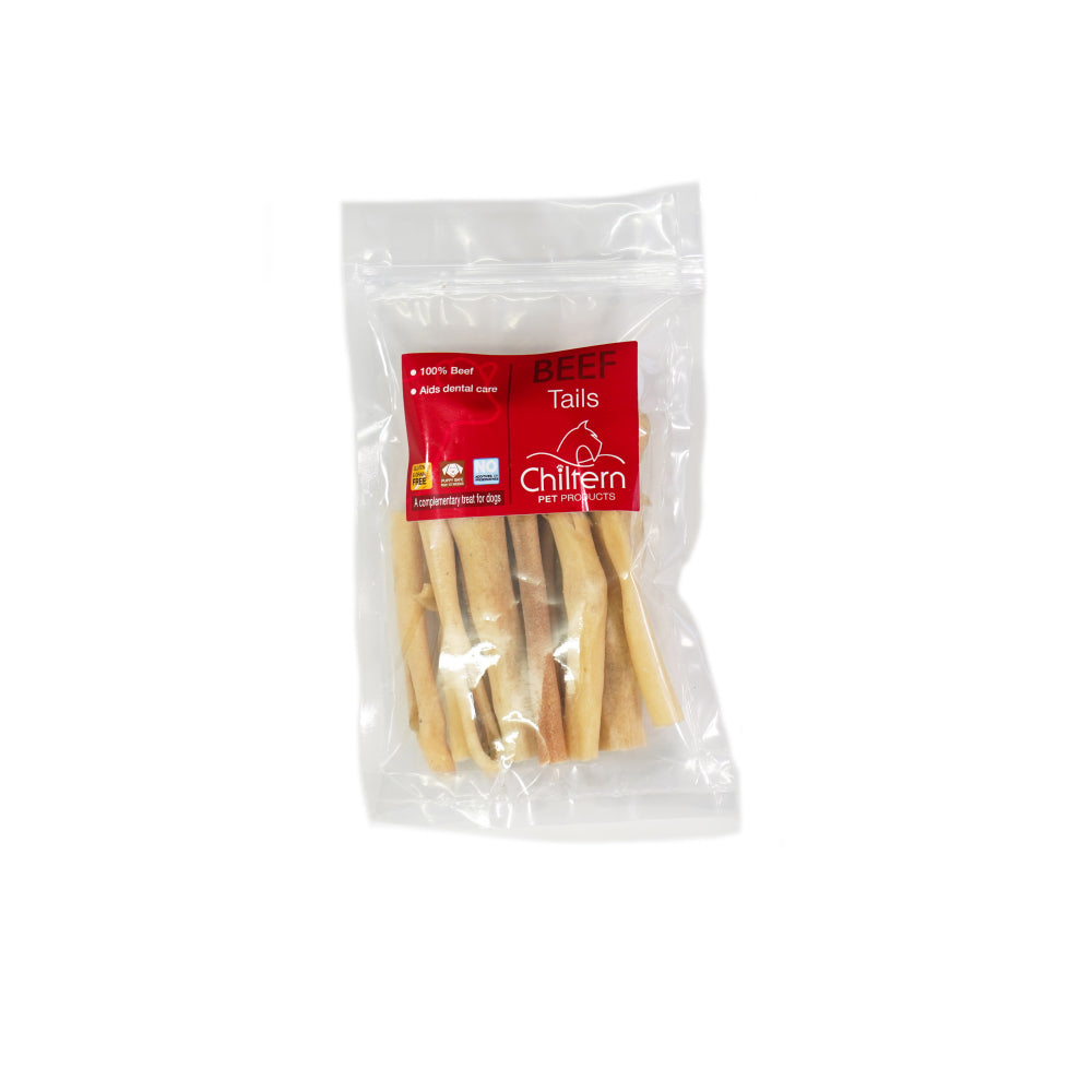 Pack of natural beef tails dog chews high protein low fat air dried treat for dental health and long lasting chewing.