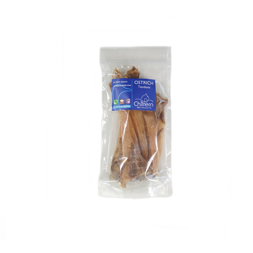 Pack of natural ostrich tendons dog chews high protein low fat air dried treats for dental health and long lasting chewing.