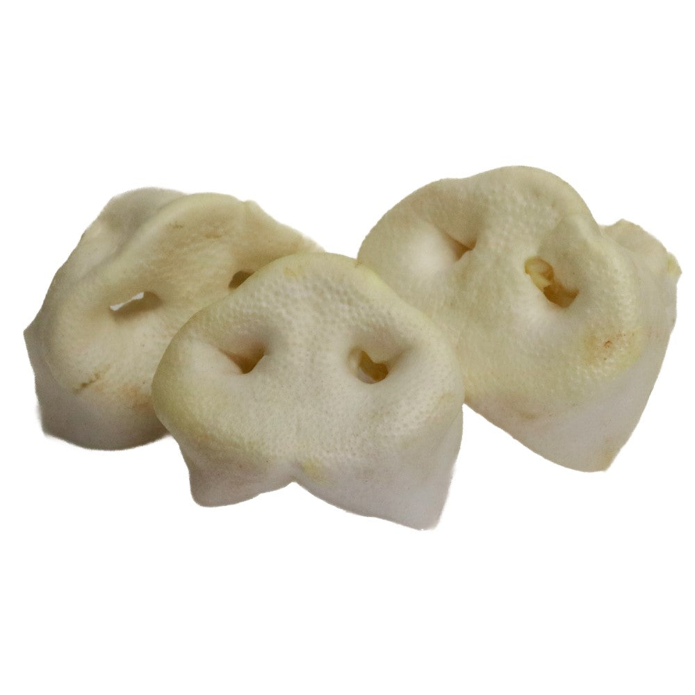 Three natural pig snout dog chews side by side high protein low fat long lasting treats for teeth and gums.