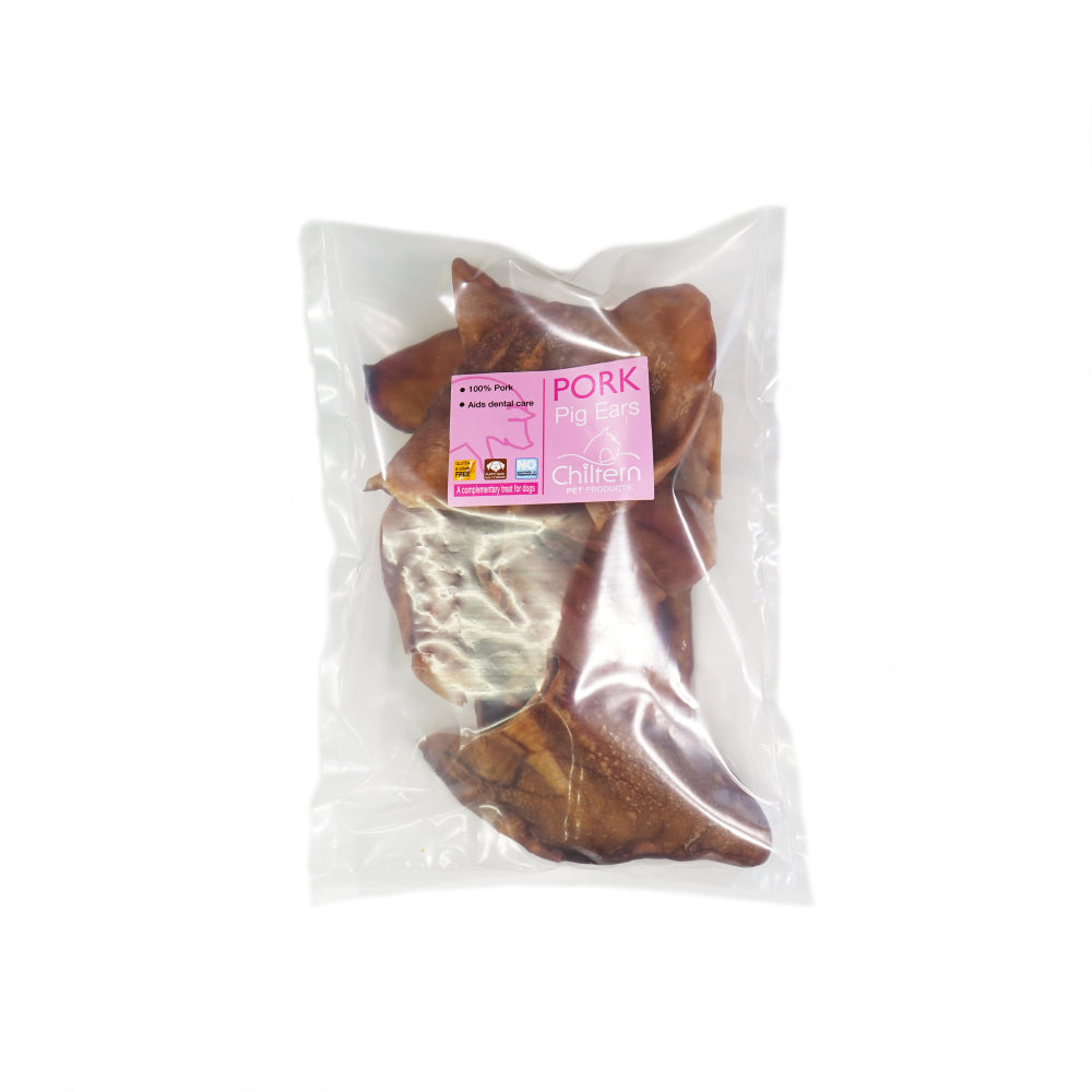 Pack of natural pigs ears dog chews high protein low fat air dried treats for dental health and long lasting chewing.