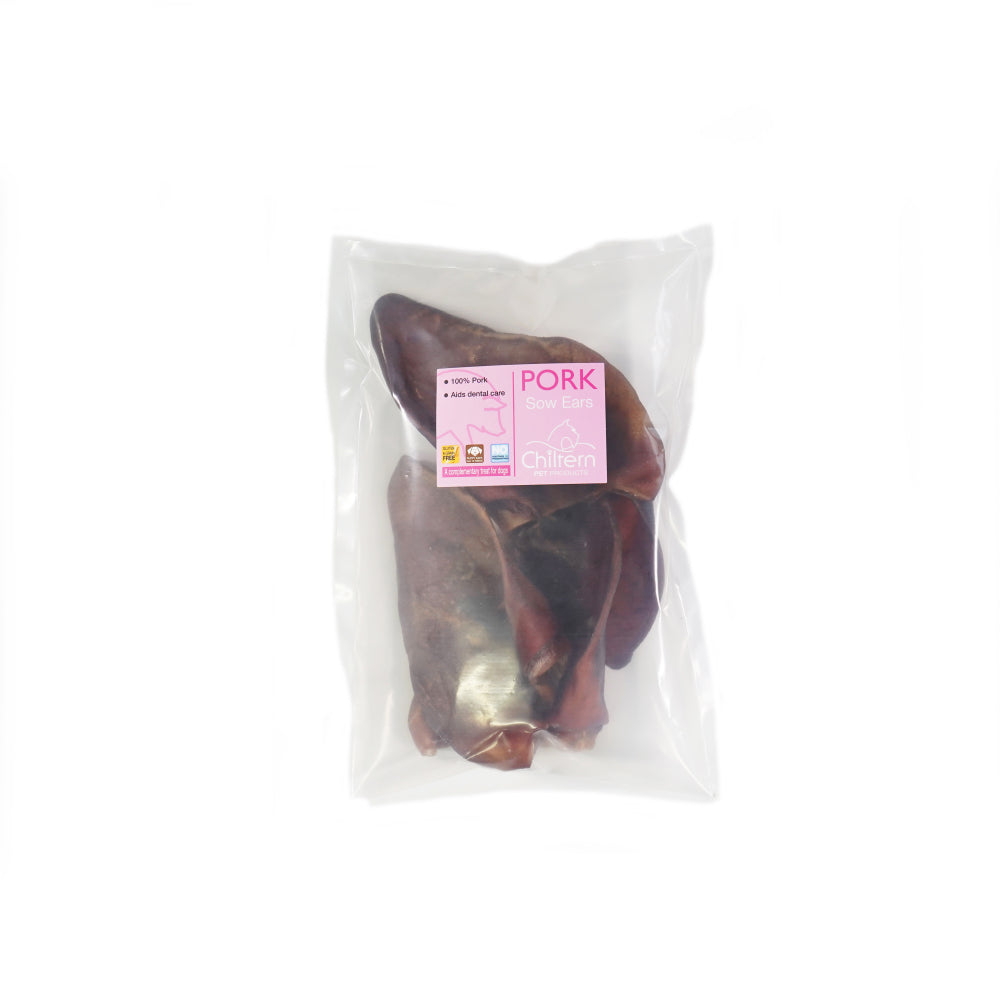 Pack of natural sows ears dog chews high protein low fat air dried treats for dental health and satisfying chewing.