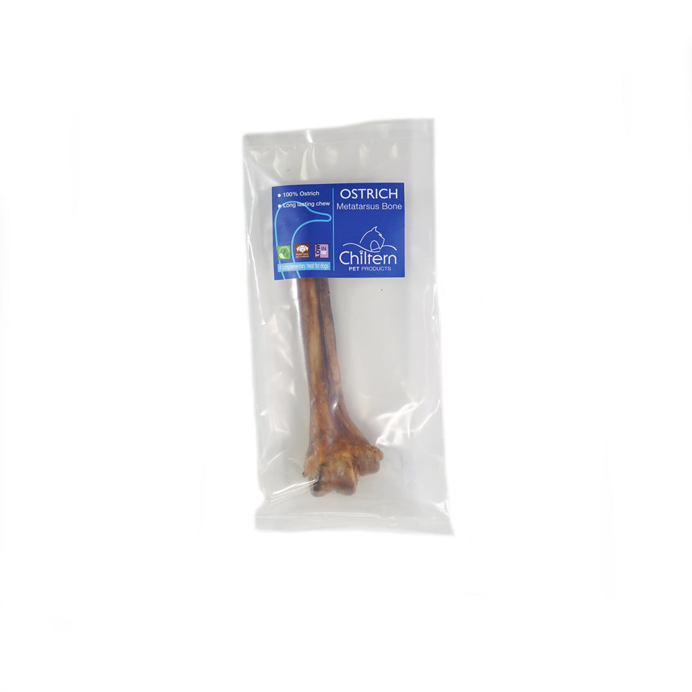 Single pack of natural ostrich metatarsus bone dog chew high protein low fat air dried treat for dental health and long lasting chewing.