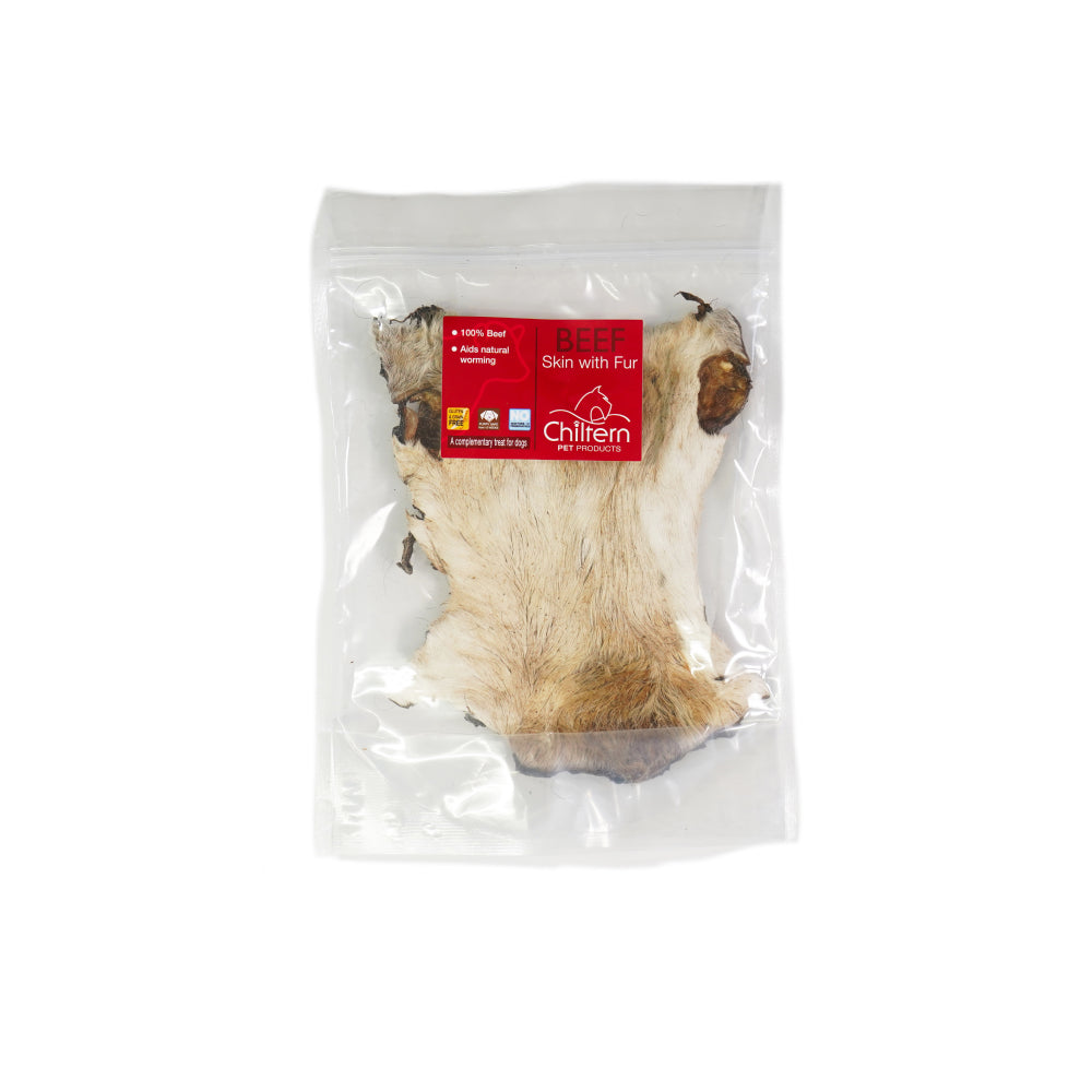 Premium natural beef skin with fur dog treat high protein low fat gluten and grain free for healthy chewing and digestion.