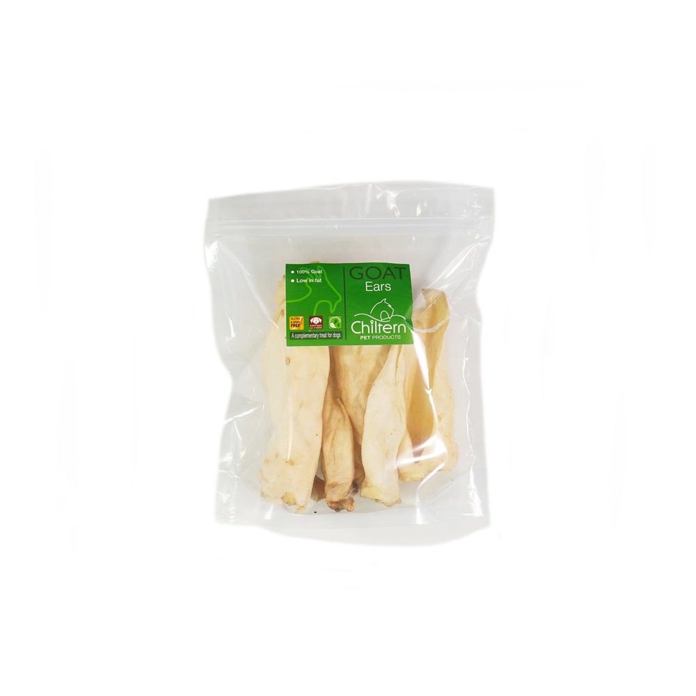 Pack of natural goat ears dog chews high protein low fat air dried treats for dental health and satisfying long lasting chewing.