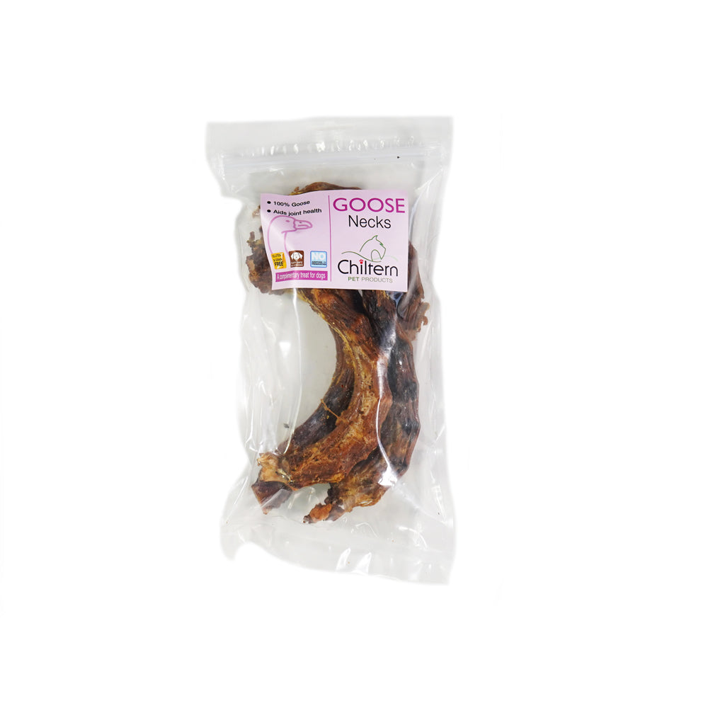 Pack of natural goose necks dog chews high protein air dried treats for dental health and satisfying long lasting chewing.