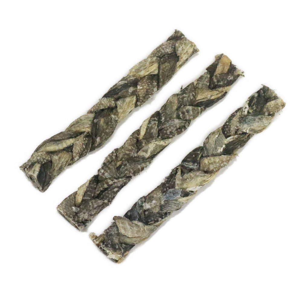 Premium natural loose air-dried fish braids dog treats.