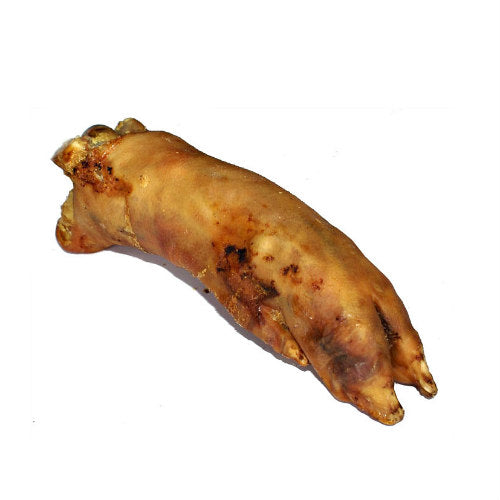 Single natural pork trotter dog chew high protein air dried treat for teeth and gums and enriching long lasting chewing.