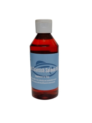 Premium natural Scottish salmon oil dog supplement for skin, coat and joints.